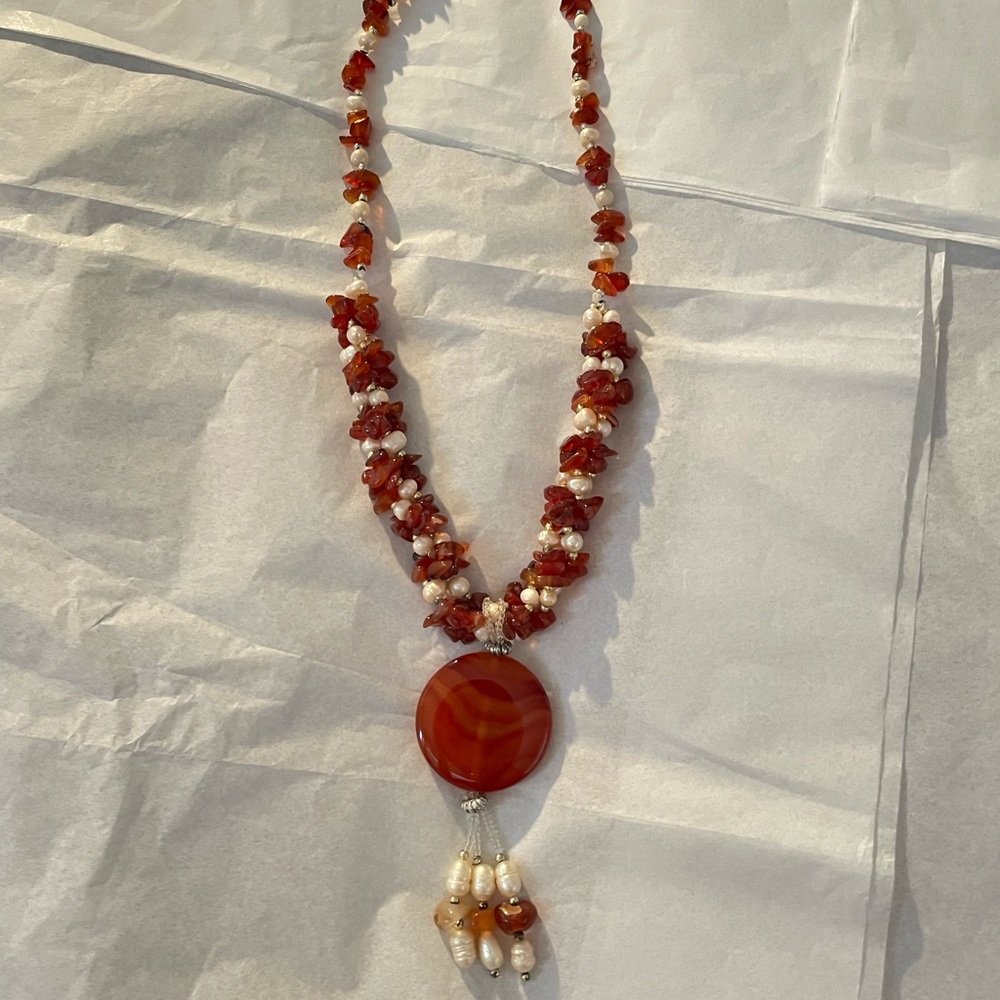 Gorgeous Handmade Beaded Necklace Pearls and Amber Tone Chips